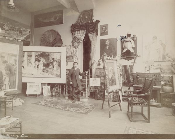 Artist Juan Luna in his Paris studio, circa 1890-1892.  Photograph possibly by Édouard Fiorillo.