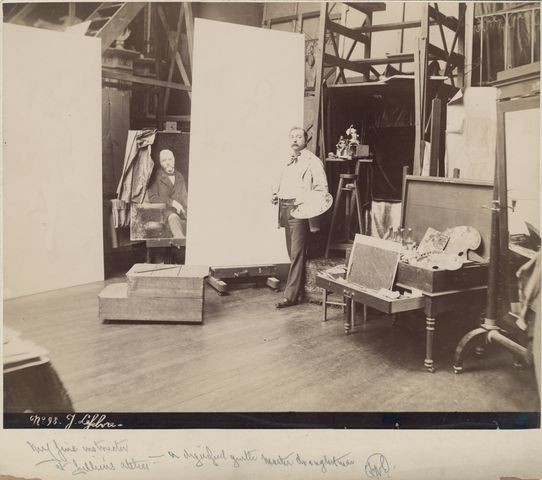 Artist Jules Lefebvre in his Paris studio, circa 1885-1890.  Photograph probably by Edmond Bénard.