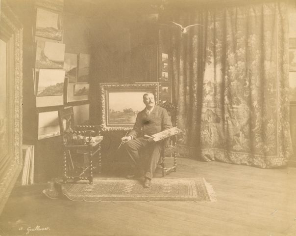 Artist Antoine Guillemet in his Paris studio, circa 1885-1890. Photograph probably by Edmond Bénard.