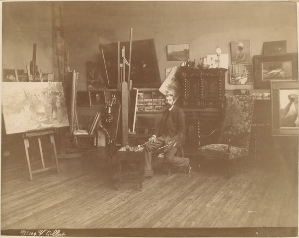 Artist Victor Gabriel Gilbert in his Paris studio, circa 1885-1890. 