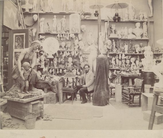 Artist Henri Honoré Plé in his Paris studio, circa 1885-1890.  Photograph by Edmond Bénard.