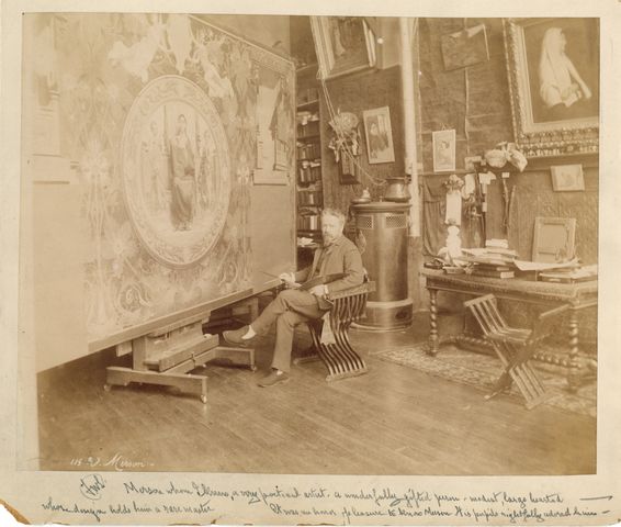 Artist Luc Olivier Merson in his Paris studio, circa 1885-1890.  Photograph probably by Edmond Bénard.