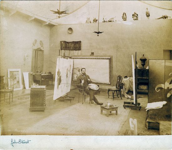 Artist Julius LeBlanc Stewart in his Paris studio, circa 1885-1890.