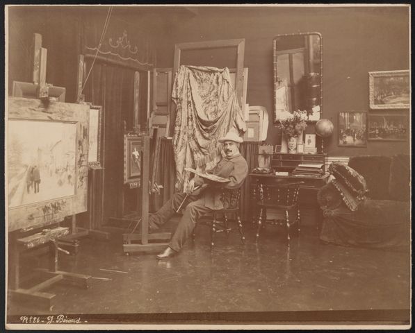 Artist Jean Béraud in his Paris studio, circa 1885-1890.  Photograph probably by Edmond Bénard.