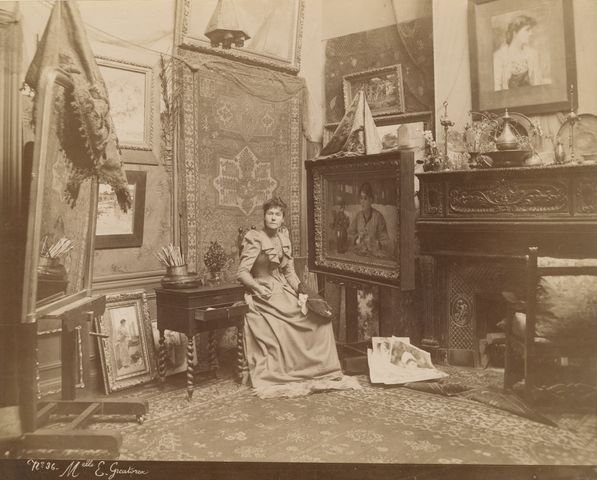 Artist Eleanor Greatorex in her Paris studio, circa 1885-1890.