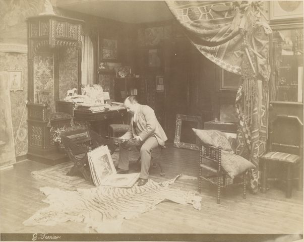 Artist Gabriel Ferrier in his Paris studio, circa 1885-1890.