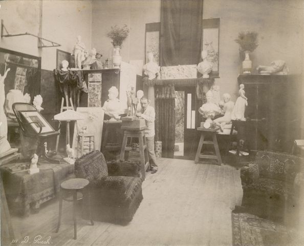 Artist Denys Puech in his Paris studio, circa 1885-1890.  Photograph possibly by Édouard Fiorillo.