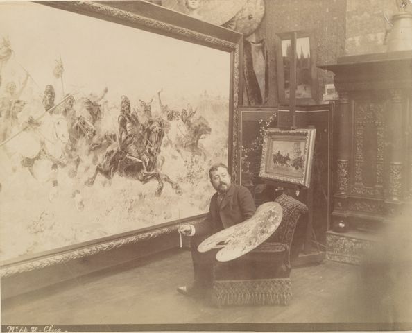 Artist Ulpiano Fernández Checa in his Paris studio, circa 1885-1890.  Photograph possibly by Édouard Fiorillo.