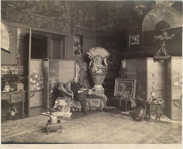 Artist Harry Humphrey Moore in his Paris studio, circa 1885-1890.