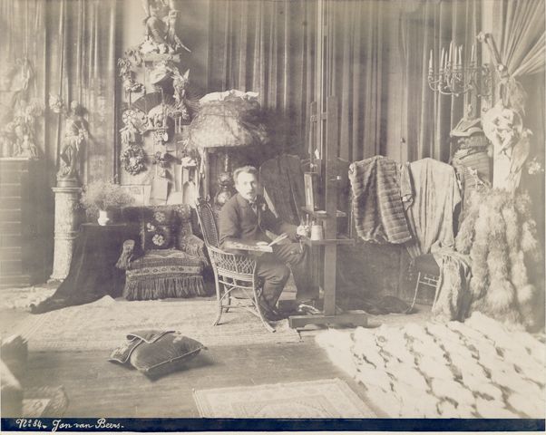 Artist Jan van Beers in his Paris studio, circa 1885-1890.  Photograph probably by Edmond Bénard.