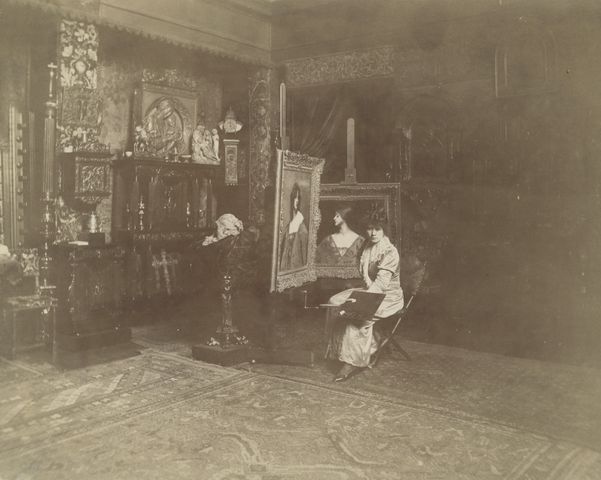 Artist Juana Romani in her Paris studio, circa 1885-1890.  Photograph is variously attributed to Edmond Bénard or Édouard Fiorillo.