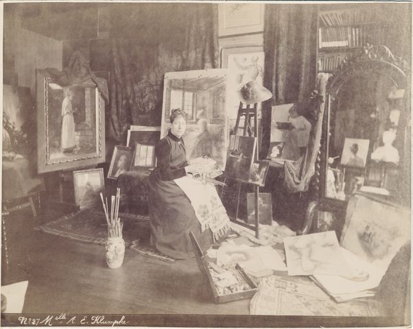 Artist Anna Klumpke in her Paris studio, circa 1885-1890.  Photograph possibly by Édouard Fiorillo.