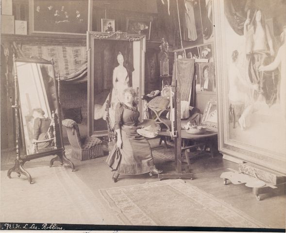 Artist Lucy Lee-Robbins in her Paris studio, circa 1885-1890.  Photograph possibly by Édouard Fiorillo.