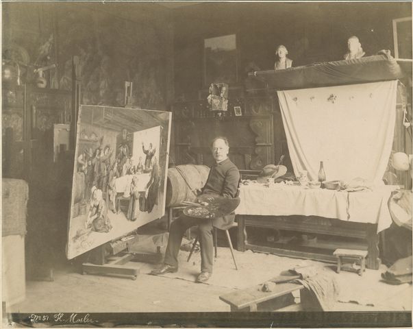 Artist Henry Mosler in his Paris studio, circa 1885-1890.  Photograph possibly by Édouard Fiorillo.