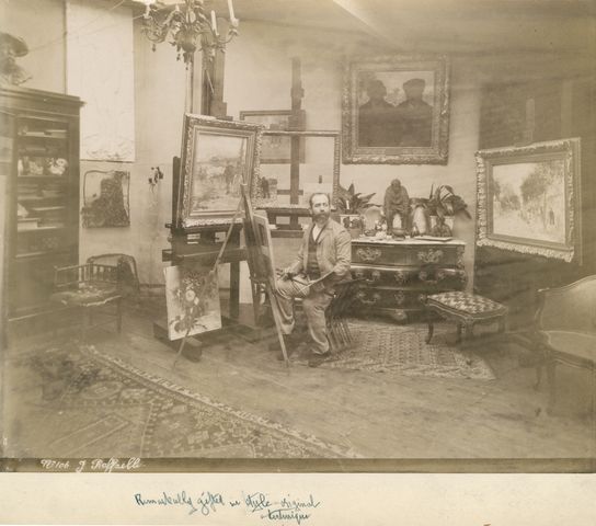 Artist Jean François Raffaëlli in his Paris studio, circa 1885-1890.  Photograph probably by Edmond Bénard.