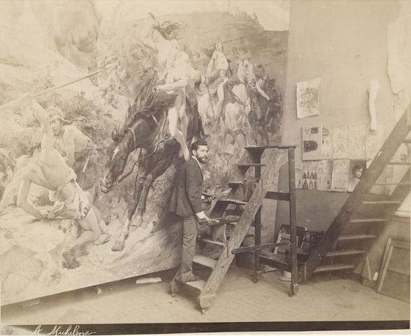 Artist Arturo Michelena in his Paris studio, circa 1885-1890.  Photograph probably by Edmond Bénard.