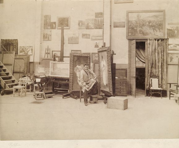 Artist Alfred Philippe Roll in his Paris studio, circa 1885-1890.