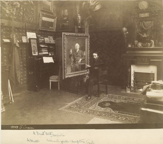 Artist Fernand Cormon in his Paris studio, circa 1885-1890.  Photograph possibly by Édouard Fiorillo.