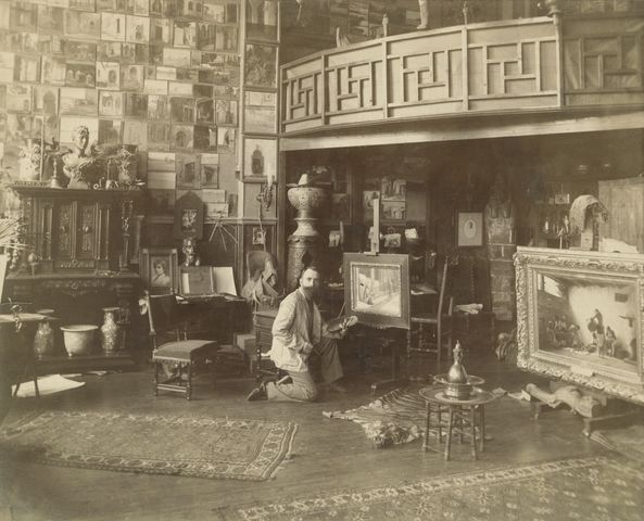 Artist Théodore Jacques Ralli in his Paris studio, circa 1885-1890.  Photograph probably by Edmond Bénard.