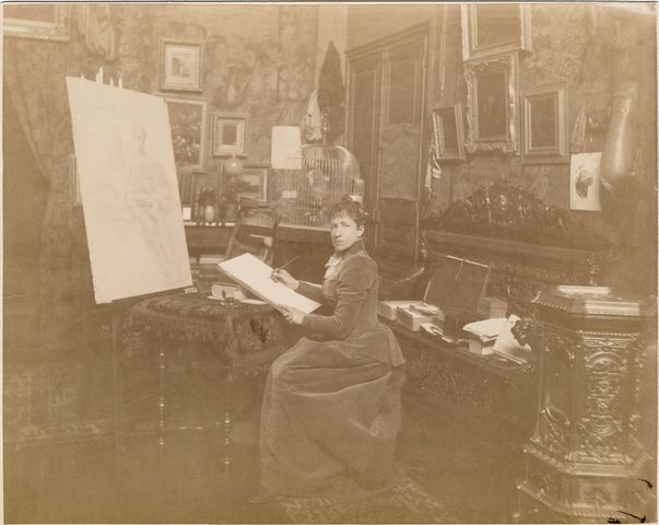 Artist Elizabeth Jane Gardner in her Paris studio, circa 1885-1890.  Photograph by Édouard Fiorillo.