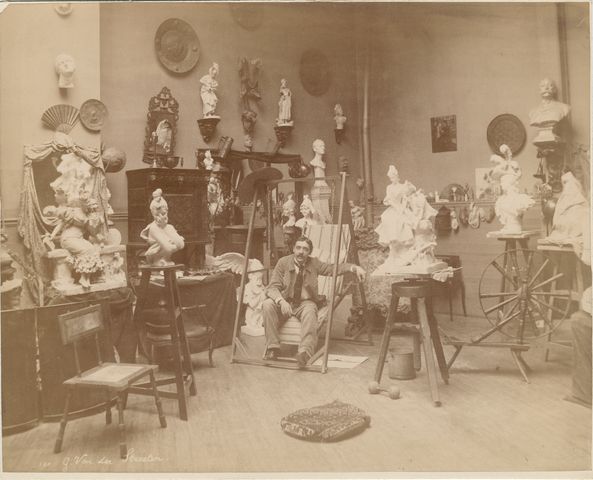 Artist George van der Straeten in his Paris studio, circa 1885-1890.  Photograph probably by Edmond Bénard.