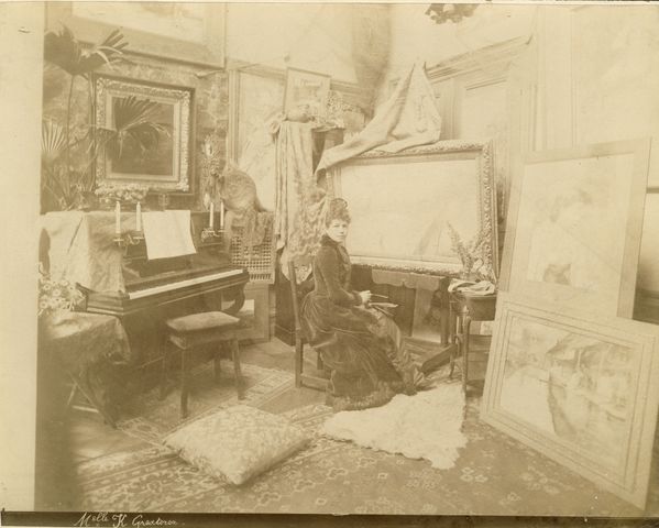 Artist Kathleen Honora Greatorex in her Paris studio, circa 1885-1890.