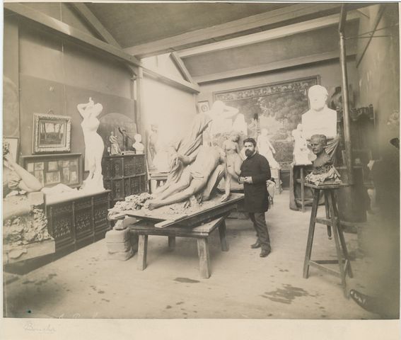 Artist Alfred Boucher in his Paris studio, circa 1885-1890.  Photograph probably by Edmond Bénard.