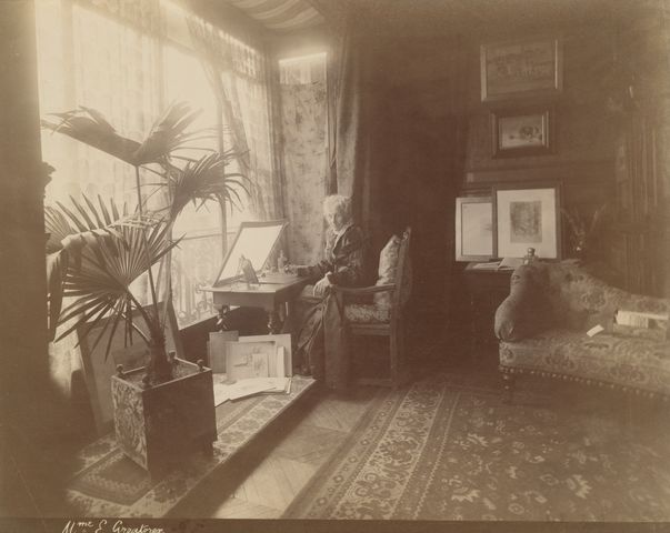 Artist Eliza Greatorex in her Paris studio, circa 1885-1890.  Photograph possibly by Édouard Fiorillo.