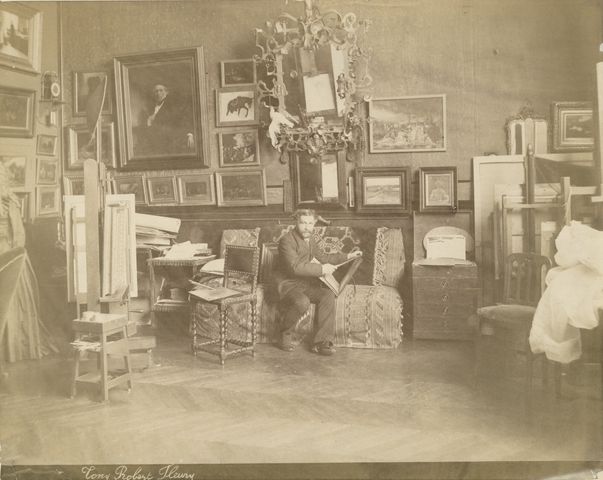 Artist Tony Robert-Fleury in his Paris studio, circa 1885-1890.