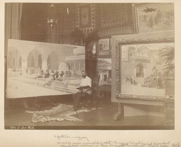 Artist Edwin Lord Weeks in his Paris studio, circa 1885-1890.  Photograph possibly by Édouard Fiorillo.