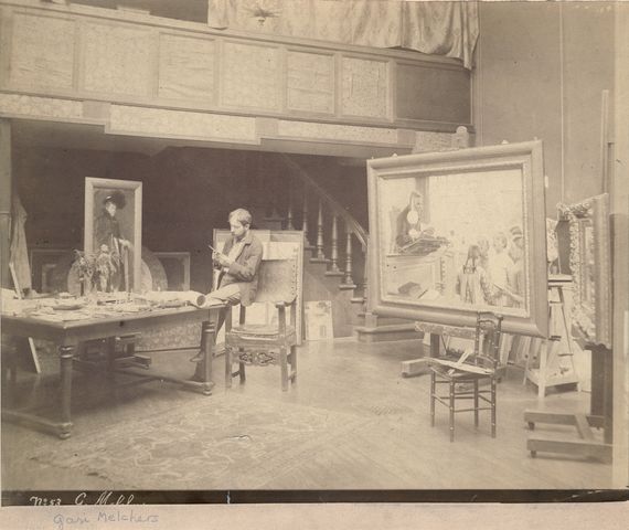 Artist Gari Melchers in his Paris studio, circa 1885-1890.