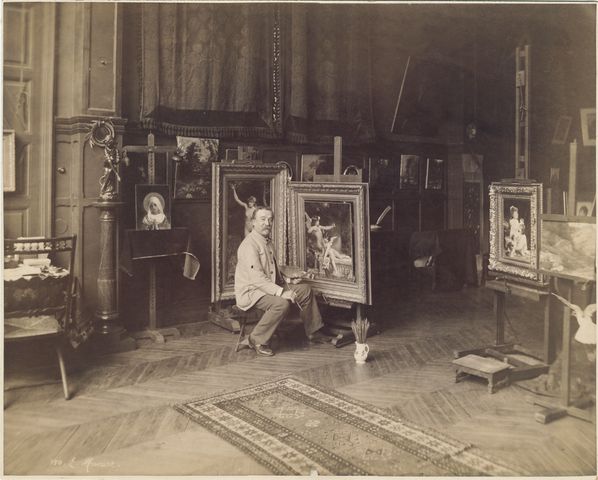 Artist Emile Munier in his Paris studio, circa 1885-1890.  Photograph possibly by Édouard Fiorillo.