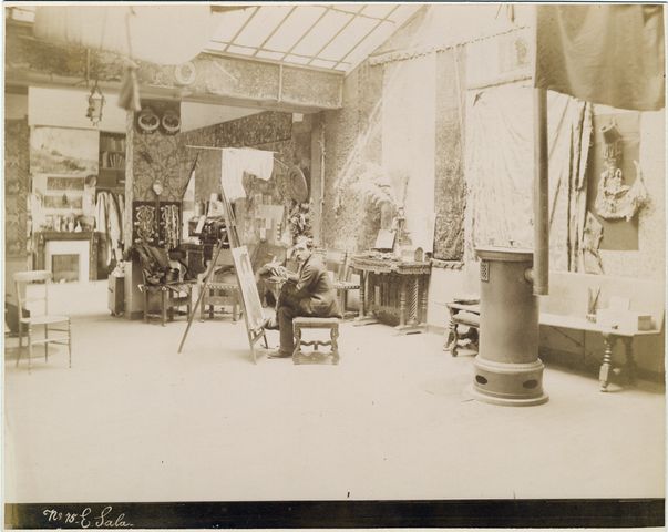 Artist Emilio Sala Francés in his Paris studio, circa 1885-1890.  Photograph possibly by Édouard Fiorillo.