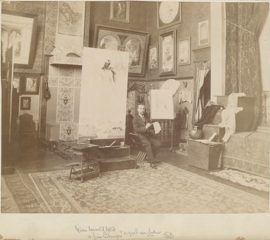 Artist Guillaume Dubufe in his Paris studio, circa 1885-1890.