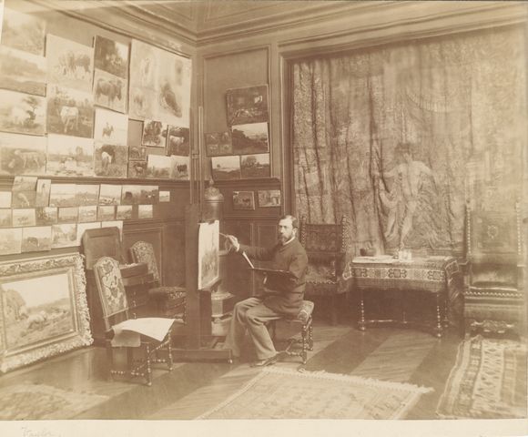 Artist Charles Jay Taylor in his Paris studio, circa 1885-1890.