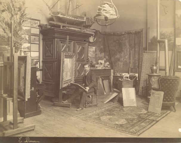 Artist Emile Charles Dameron in his Paris studio, circa 1885-1890.